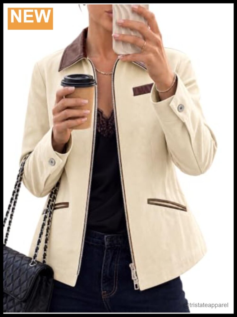 Cropped Barn Jacket Faux Leather Collar Double Zipper Pockets Women